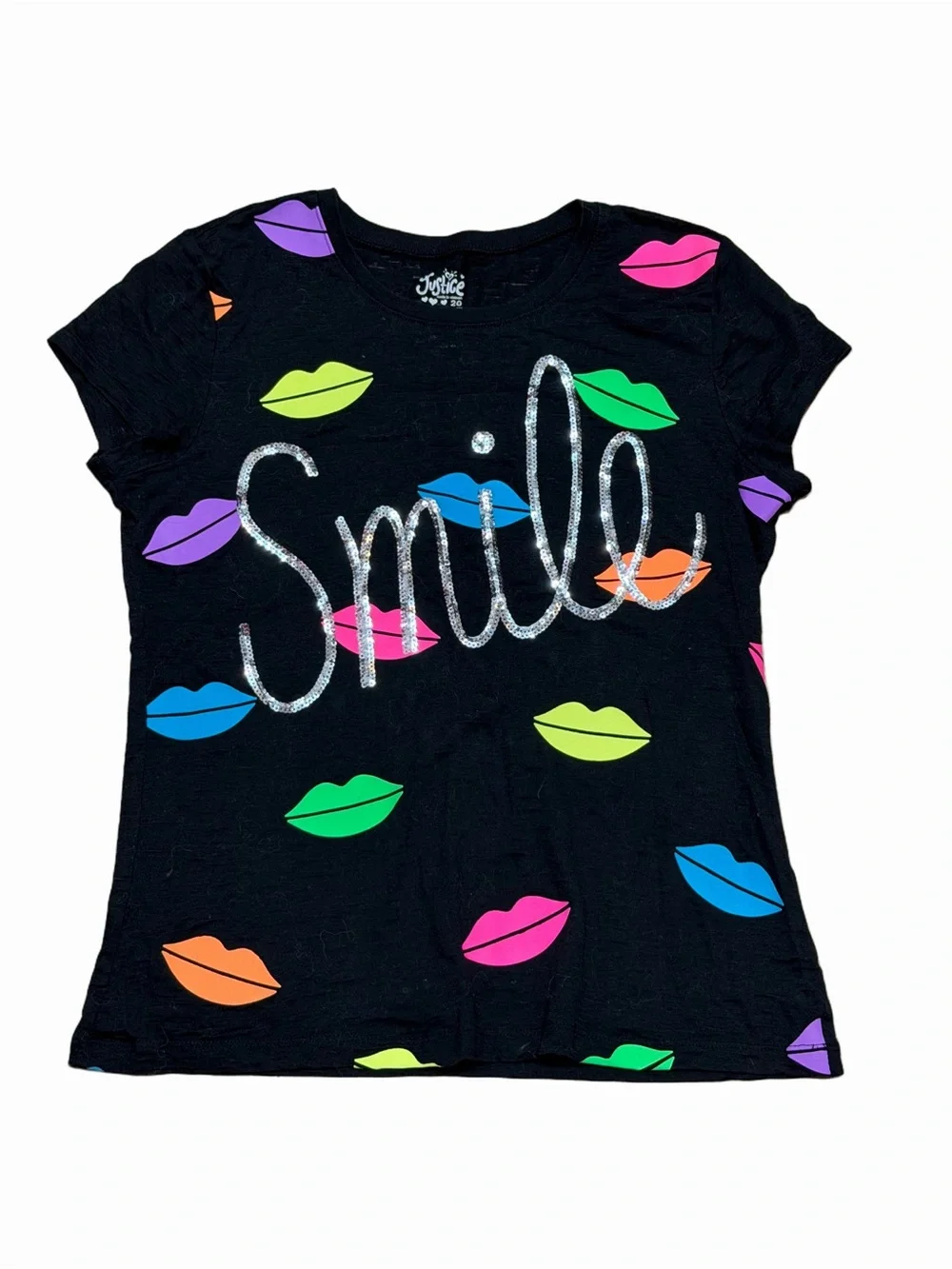 Justice Girls Size 20 Black Neon Lips Sequin Smile Graphic Short Sleeve Tee